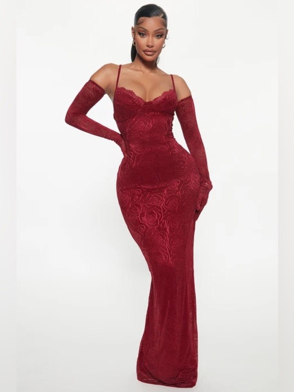 Elegant Burgundy Lace Maxi Dress with Off-Shoulder Gloves